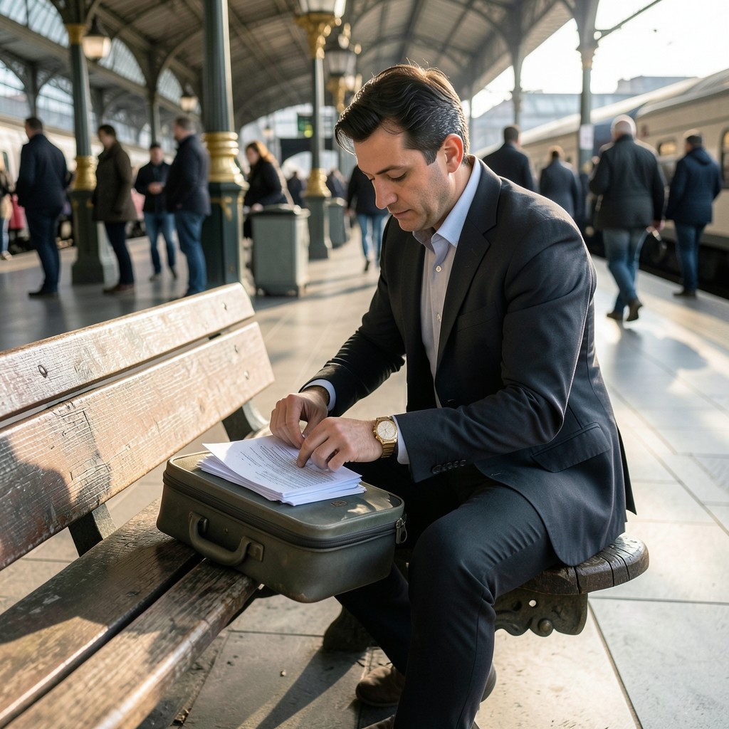 Trabajador con maleta en estación revisando documentos