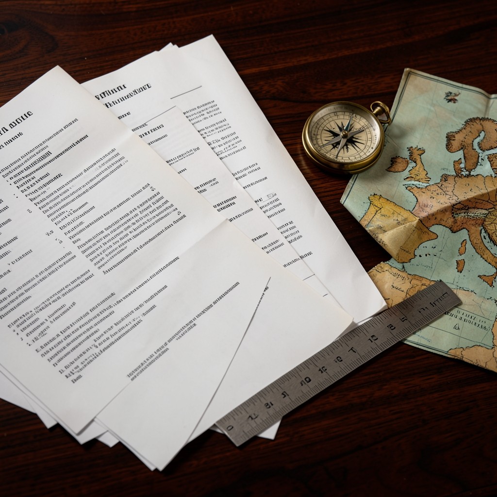 Documentos laborales sobre un escritorio con brújula y mapa